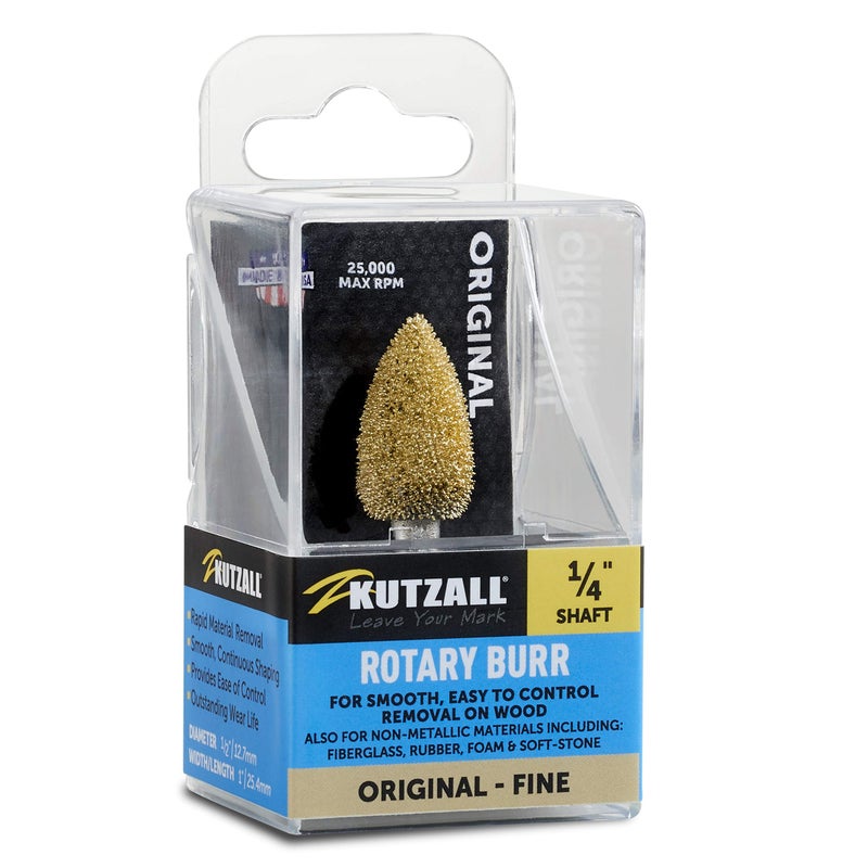 Kutzall Original Flame Rotary Burr, 1â„4" Shaft, Fine - Wood Carving Bit for: Bosch, DeWalt, Milwaukee. Abrasive Tungsten Carbide, 1â„2" (12.7mm) Head Dia. X 1" (25.4mm) Length, FL-12G - Image 1